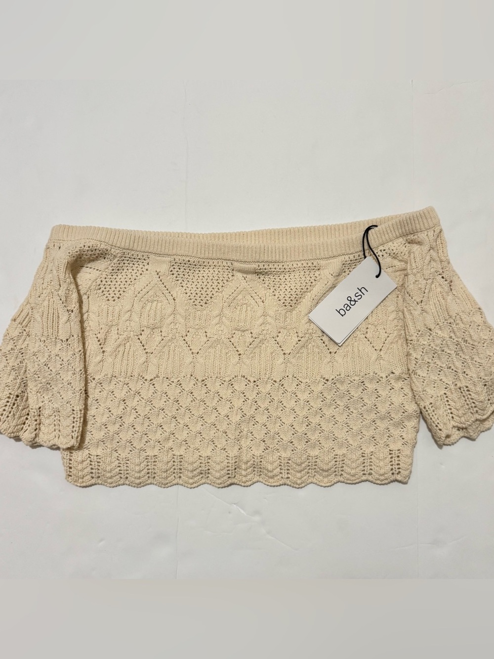 ba&sh Cream Off-Shoulder Cropped Crochet Sweater L